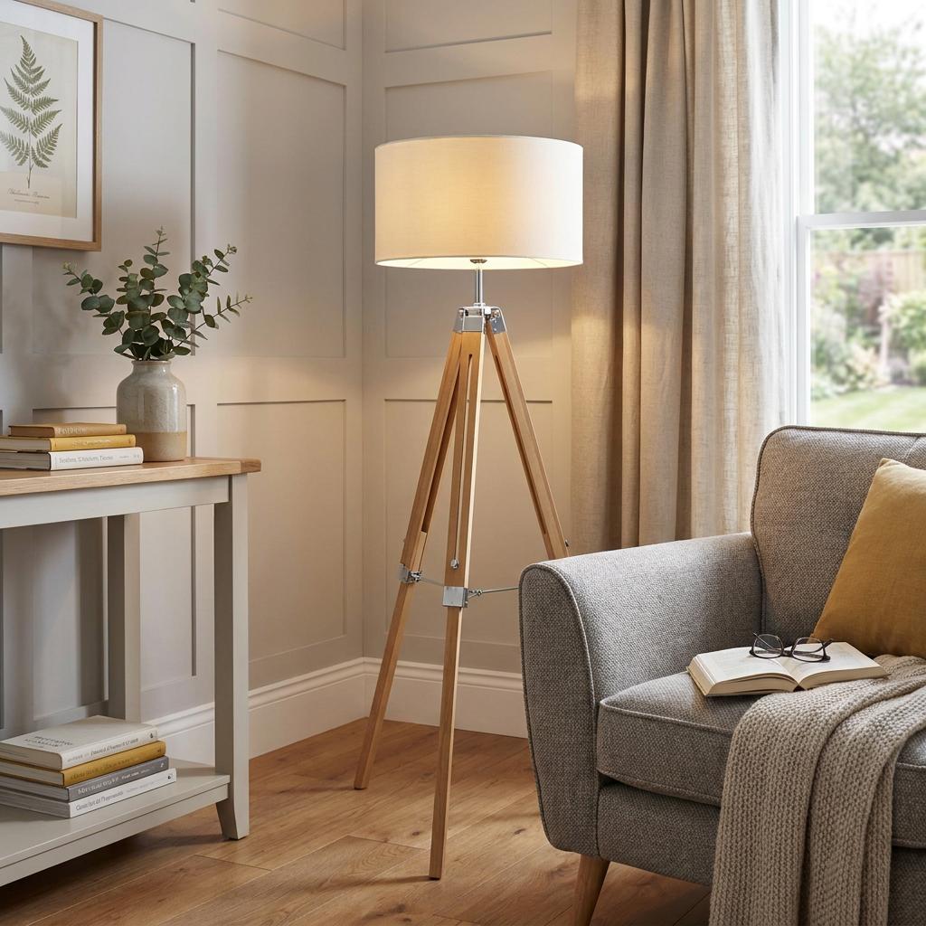Eglo Lantada wooden tripod floor lamp with beige fabric shade lit in a living room corner by an armchair.