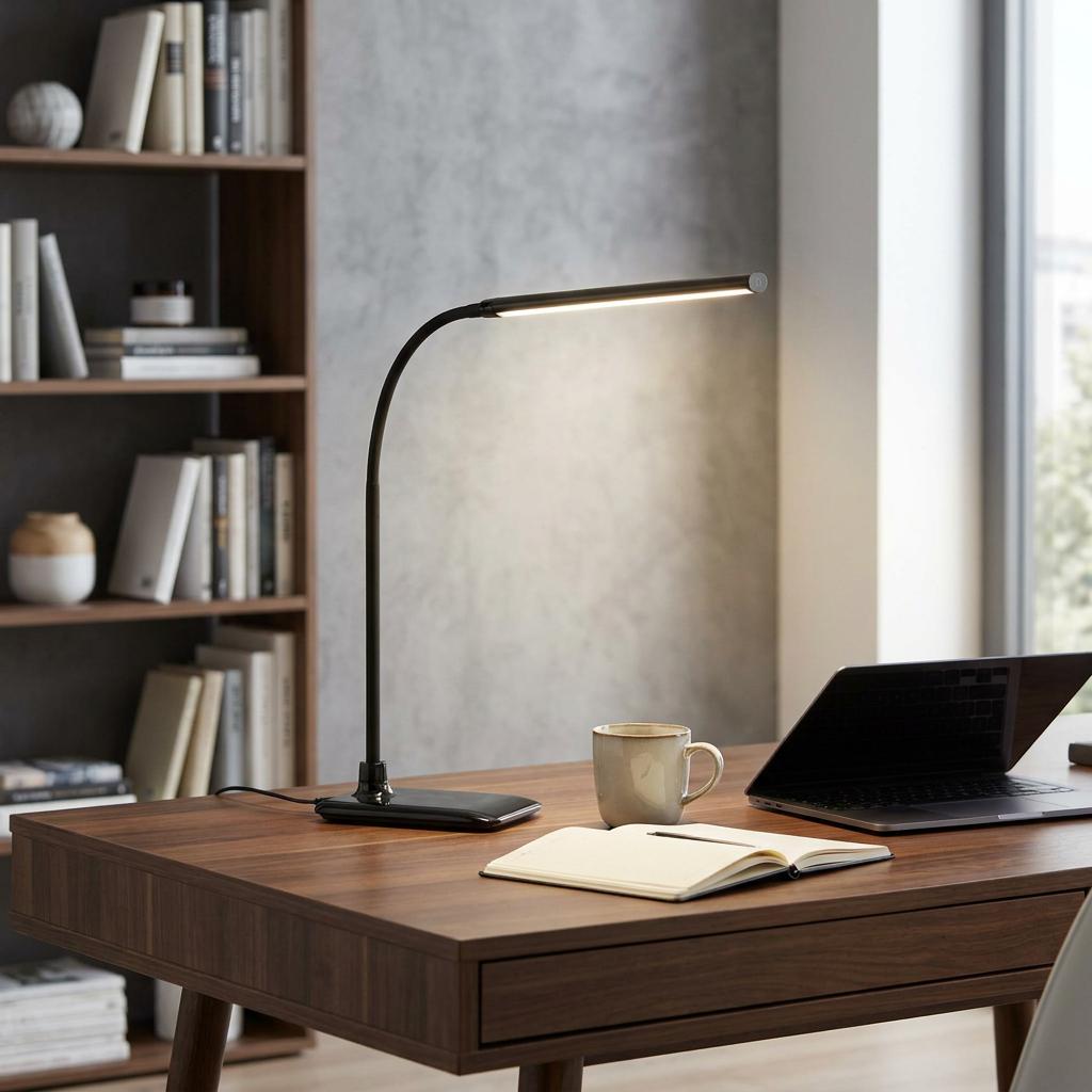 Sleek black adjustable LED table lamp illuminating a desk with a notebook, laptop, and coffee mug in a modern office.