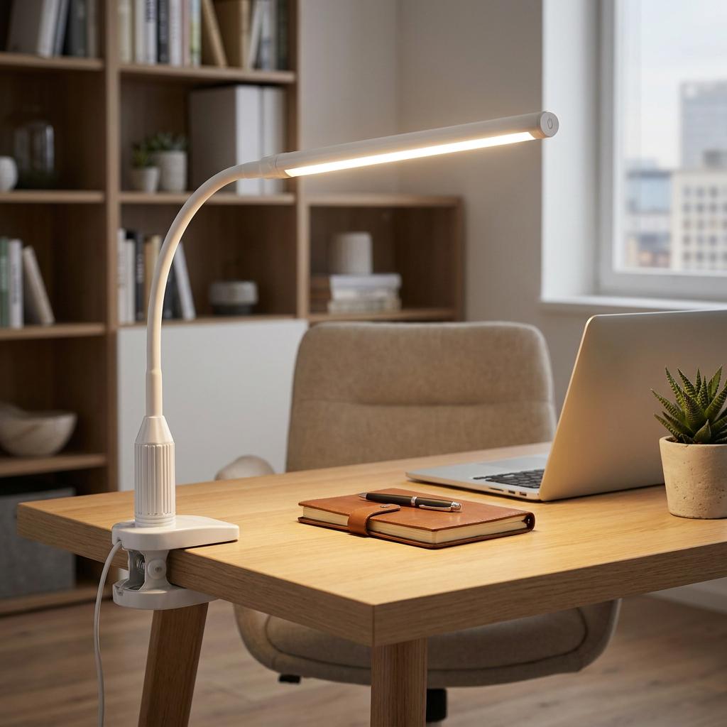 White LED flexible clamp task lamp illuminating a wooden desk with a laptop and notebook in a modern office.