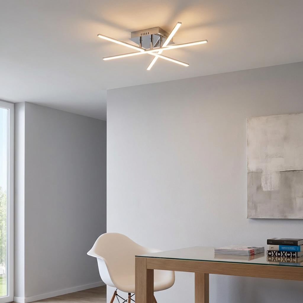 Modern Eglo Lasana 1 chrome LED flush ceiling light with intersecting bars in a contemporary home office setting.