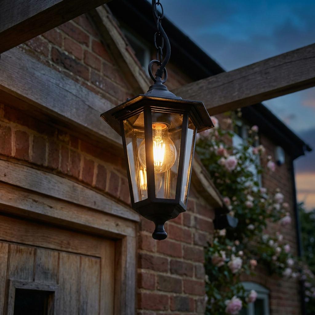 Black outdoor lantern pendant with a warm glowing bulb hanging from a wooden beam outside a brick cottage.