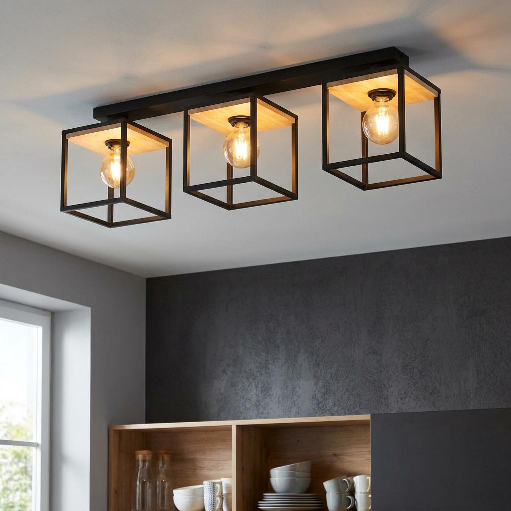 Eglo Libertad 3-light flush ceiling light featuring black open-cage metal cubes with wood accents and exposed bulbs.