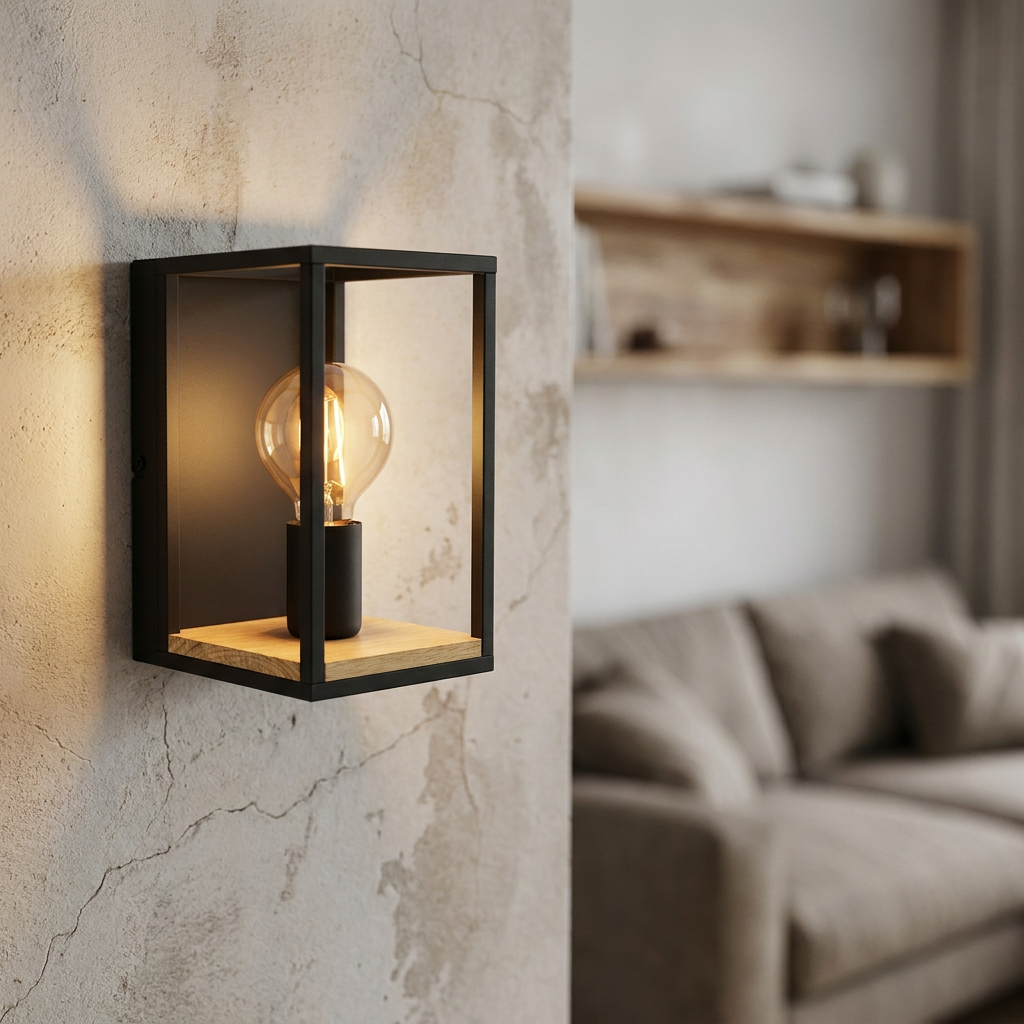 Eglo Libertad black metal wall light with a wood base and warm filament bulb on a rustic indoor wall.