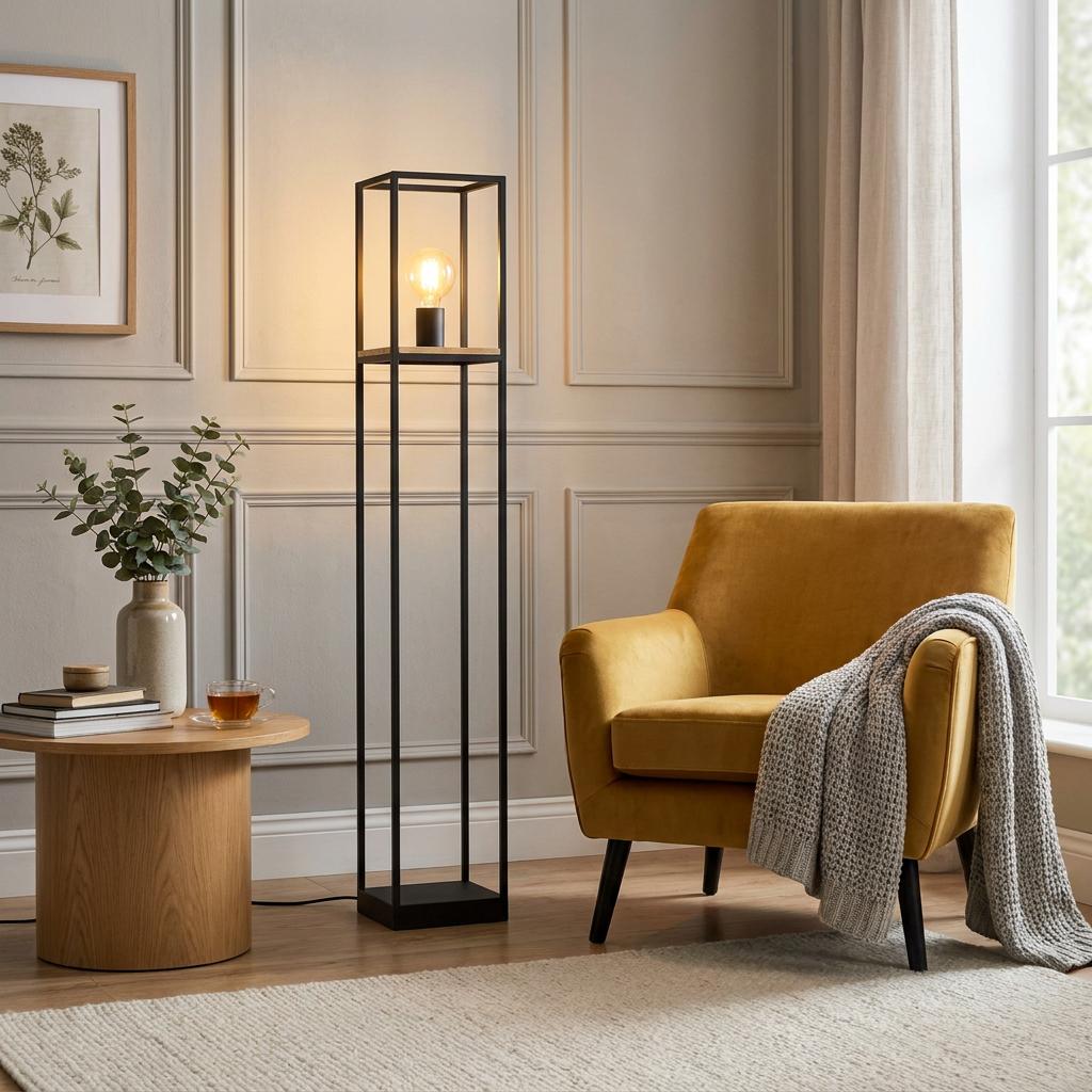 A black rectangular metal framed floor lamp illuminates a cozy living room with a yellow armchair and side table.