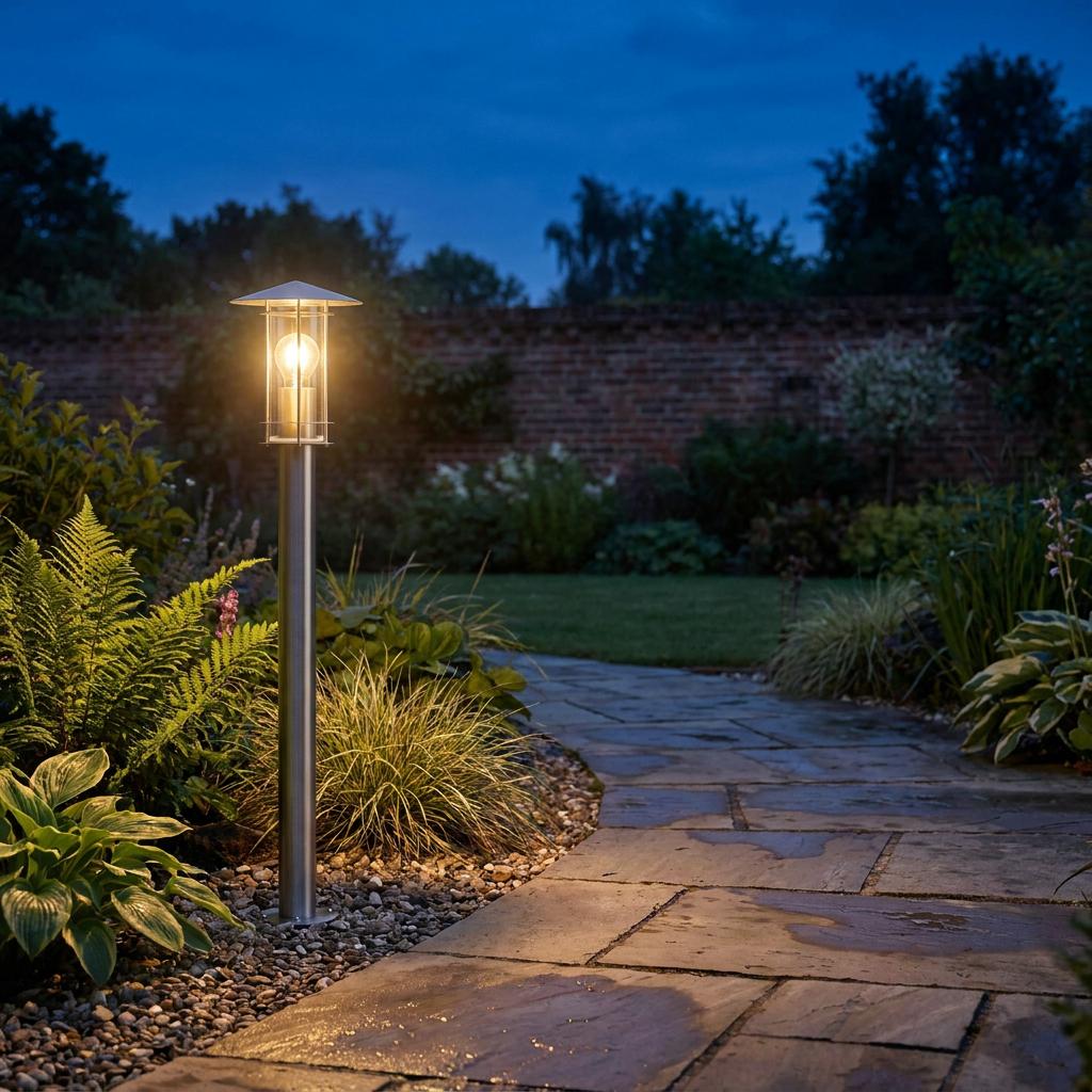 Eglo Lisio stainless steel bollard light illuminating a stone garden path at dusk among lush green plants.
