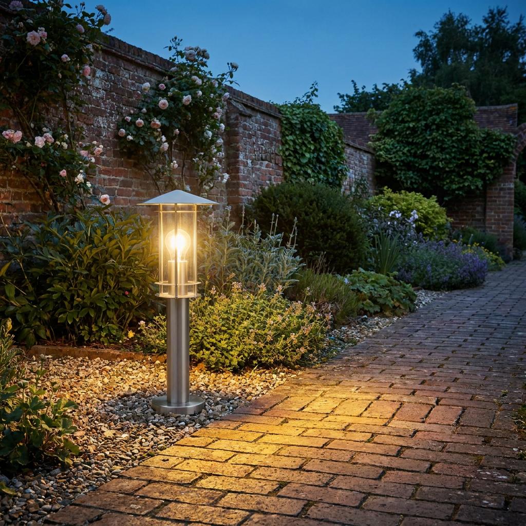 A stainless steel bollard light glows warmly on a gravel edge beside a brick garden path at dusk.