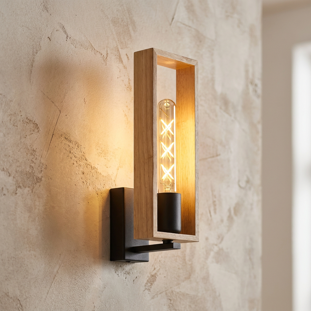 Rectangular wooden frame wall light with an exposed filament bulb mounted on a rustic plaster wall.