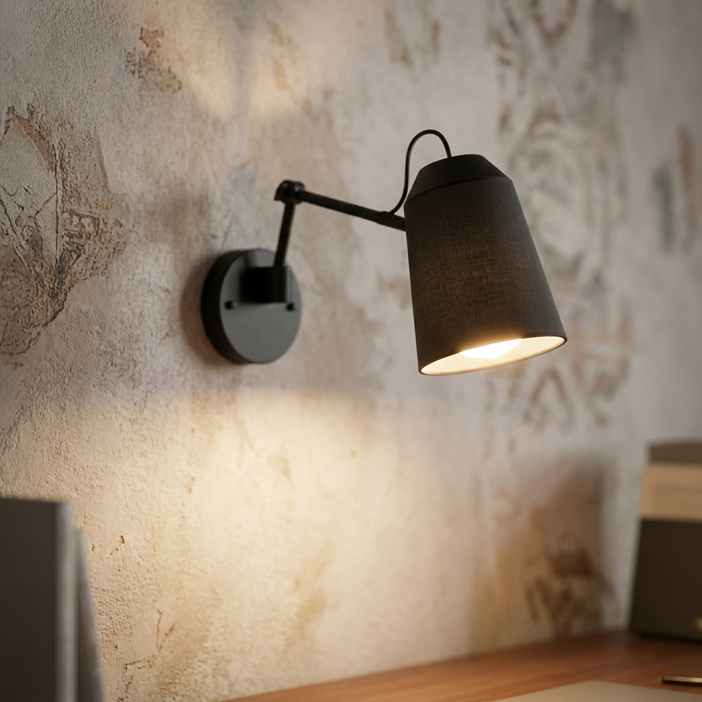 Black adjustable wall lamp with a fabric shade casting a warm glow on a textured wall above a desk.
