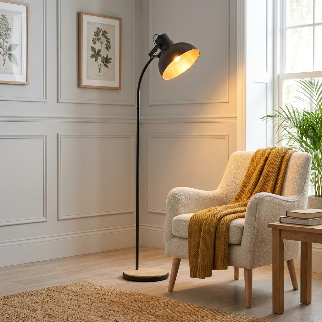 Eglo Lubenham black floor lamp with a gold-lined shade illuminating a cozy reading nook with a cream armchair.
