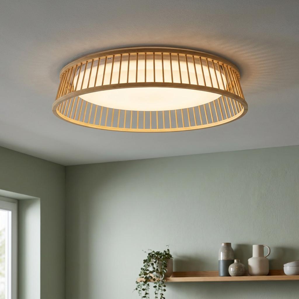 Circular wooden slat ceiling light with an illuminated diffuser mounted on a neutral ceiling.
