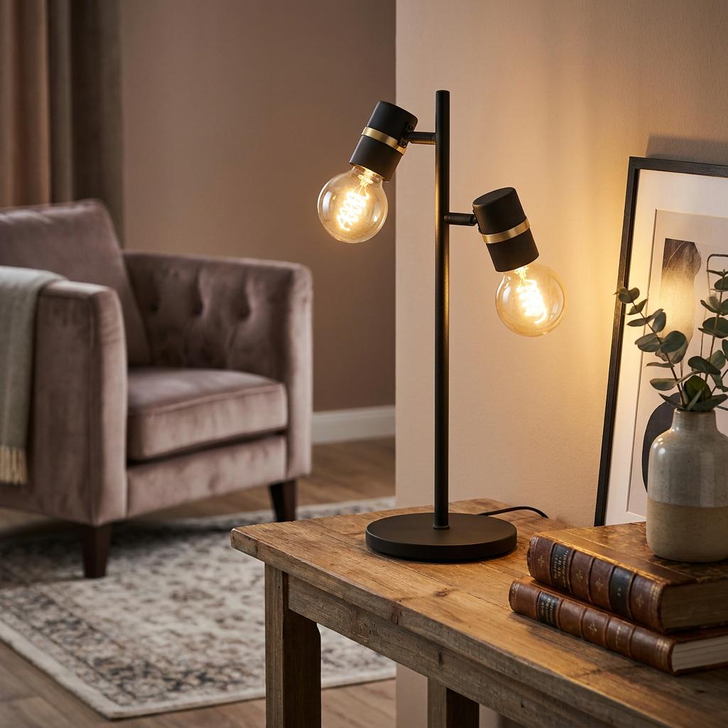 Black and brass table lamp with two exposed bulbs on a wooden side table in a warm living room.