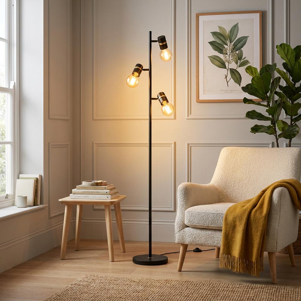 Eglo Lurone black and brass three-light floor lamp with exposed bulbs in a cozy modern living room setting.