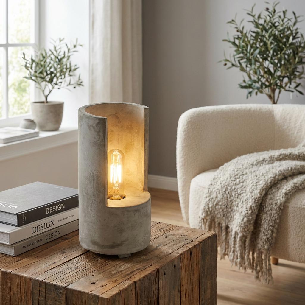Cylindrical grey concrete table lamp with a cutout revealing a glowing filament bulb on a rustic wooden table.