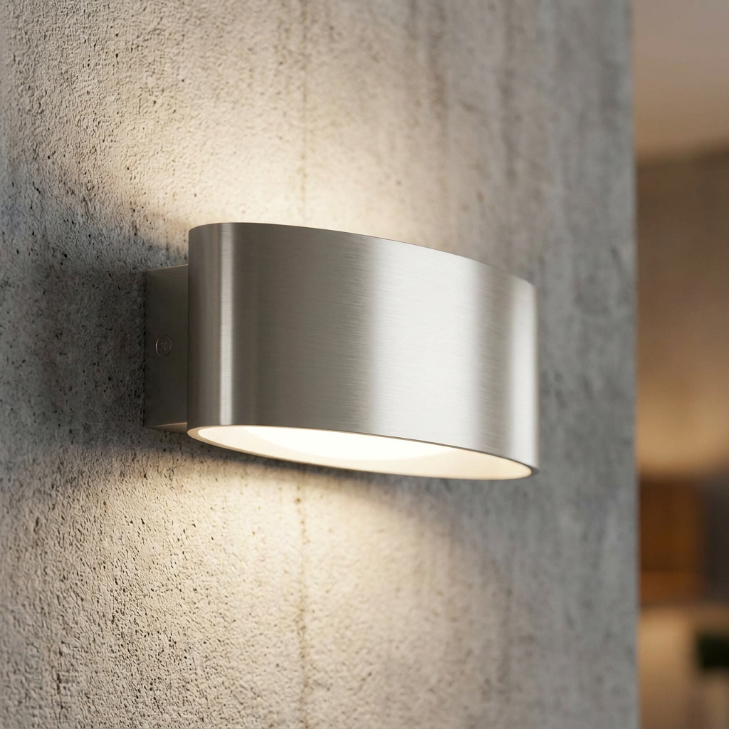 Modern curved brushed nickel LED wall light mounted on a textured concrete wall, emitting a warm glow up and down.