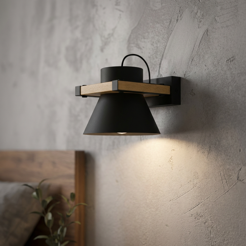 Modern black wall light with light wood trim mounted on a grey textured wall above a bed.