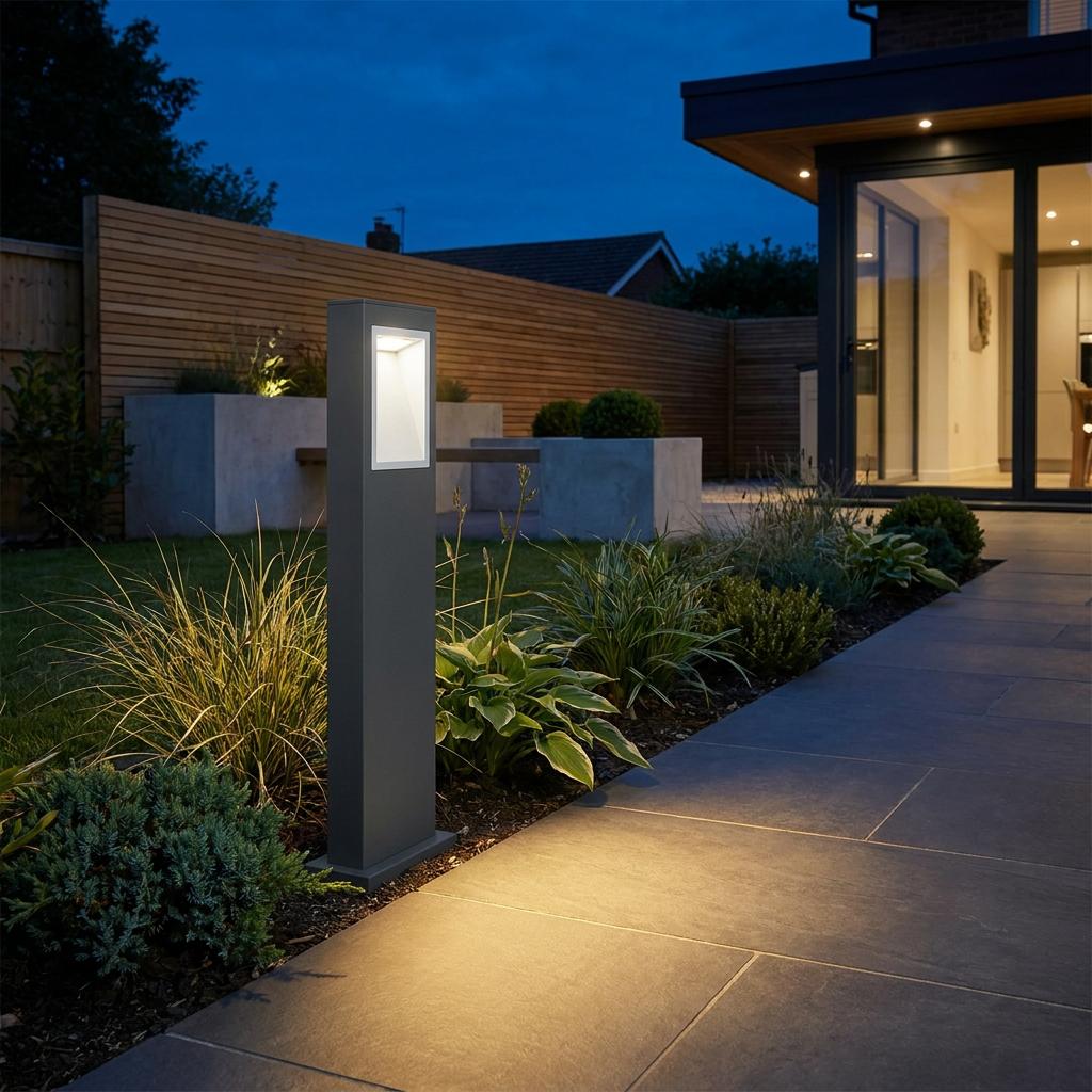 Modern grey rectangular bollard light illuminates a stone garden path at dusk next to a contemporary patio.