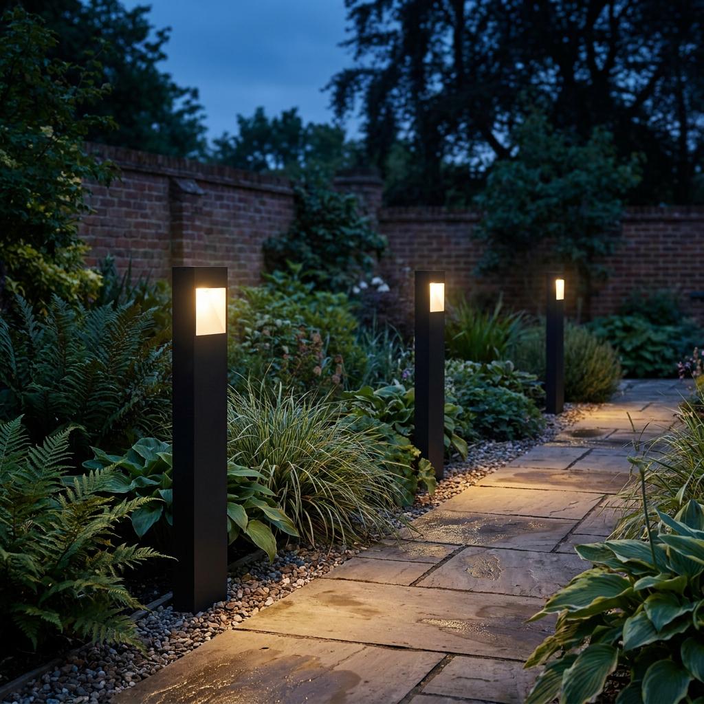 Three grey rectangular bollard lights illuminating a stone garden path at dusk among lush greenery.