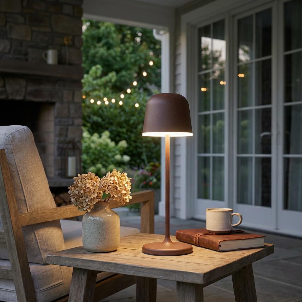 Rust brown cordless LED table lamp glowing on a wooden outdoor table with dried flowers and a book.