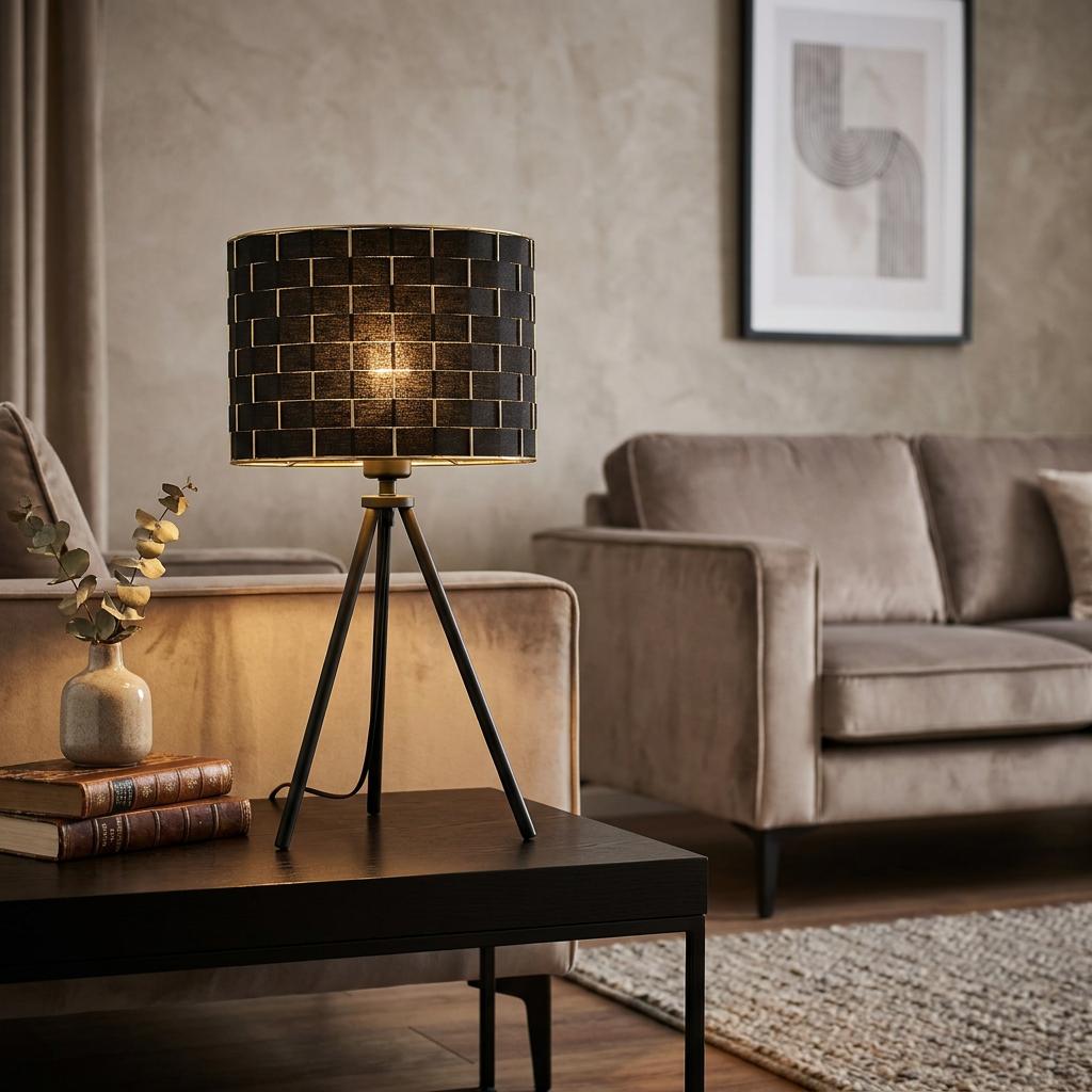 Eglo Marasales tripod table lamp with a black interwoven shade, lit in a modern living room setting.