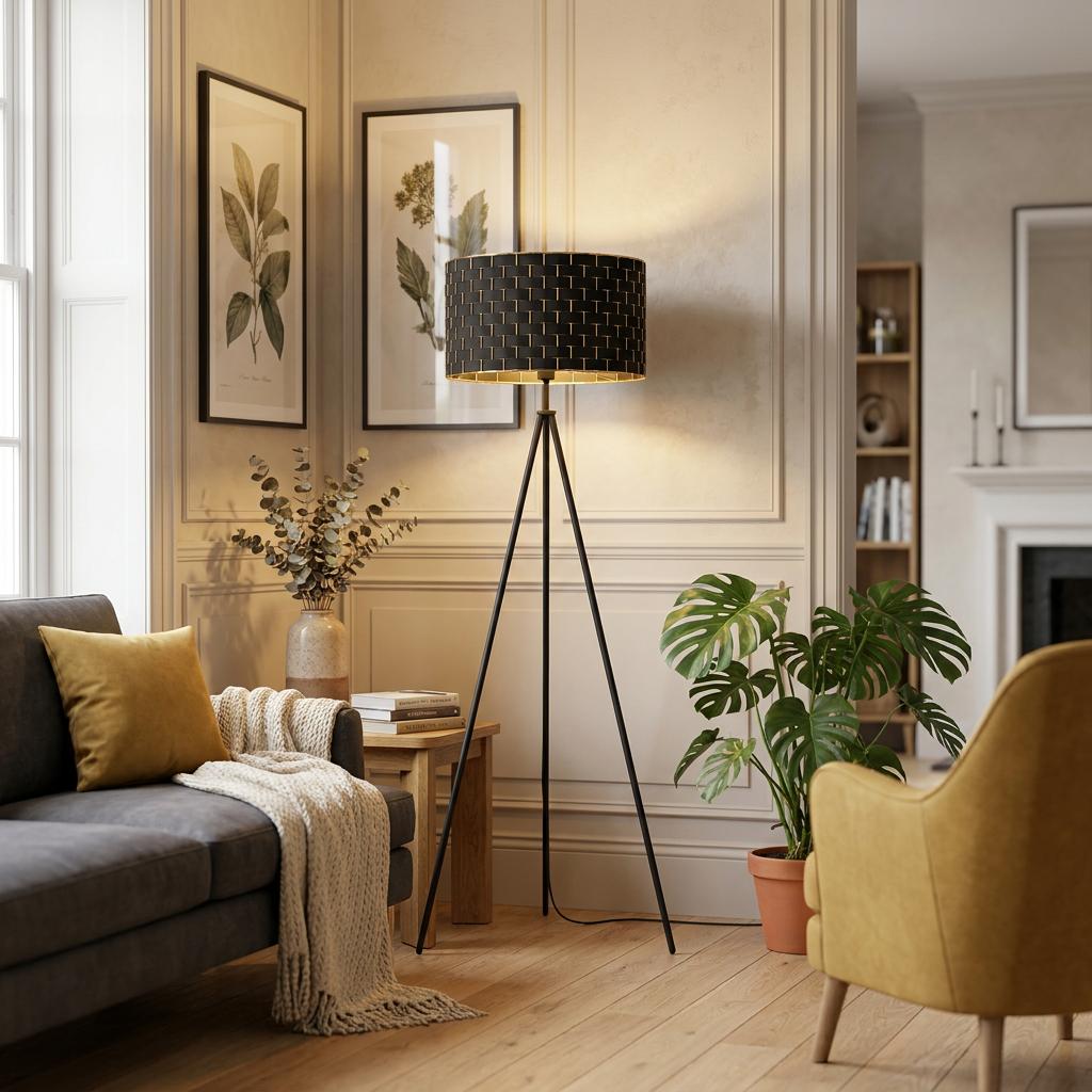 A tripod floor lamp with a black and gold patterned shade stands in a cozy living room.