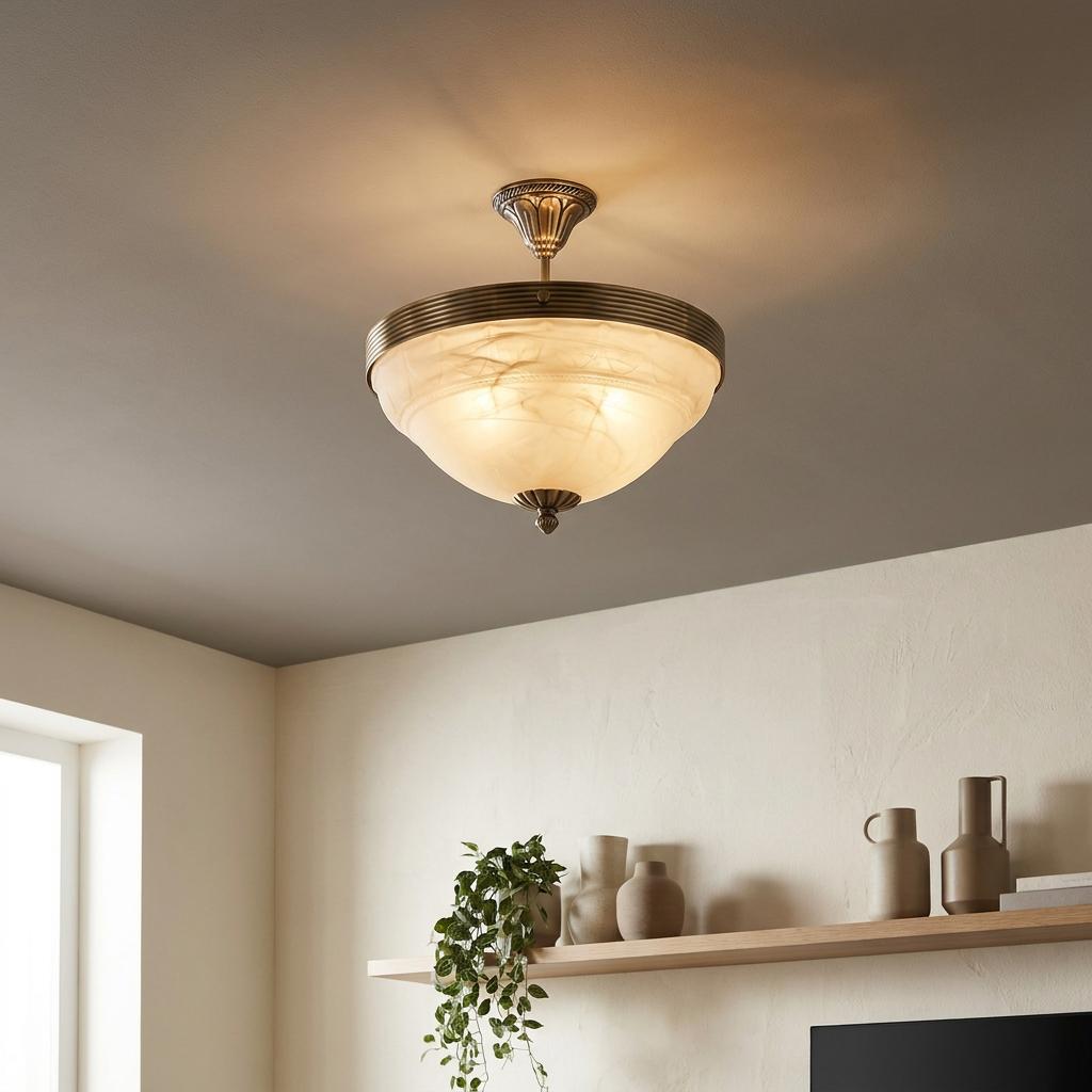 Eglo Marbella semi-flush ceiling light featuring an alabaster glass shade and bronze finish, glowing on a light ceiling.