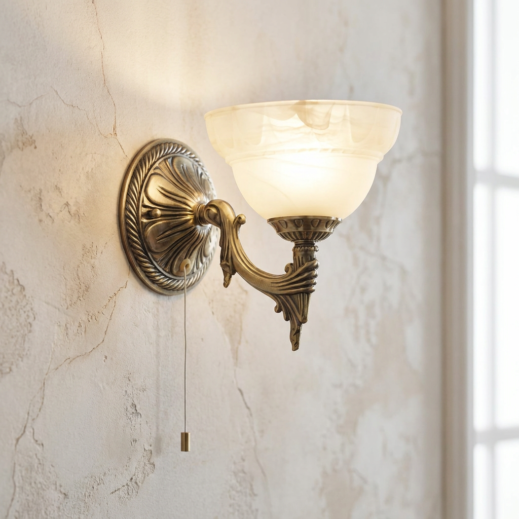 Ornate bronze wall light with a champagne alabaster glass shade and pull cord on a textured wall.