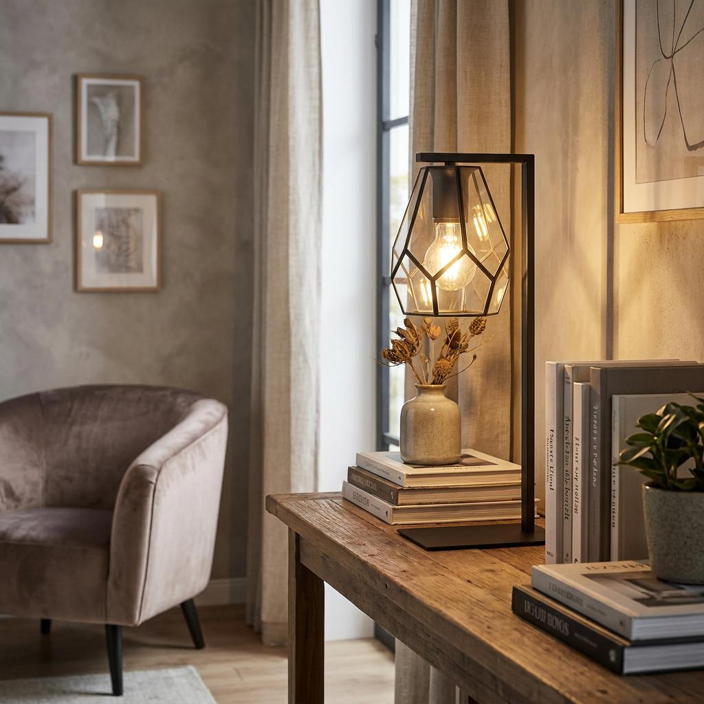 Eglo Mardyke black metal table lamp with a diamond glass shade on a wooden table in a warm interior setting.