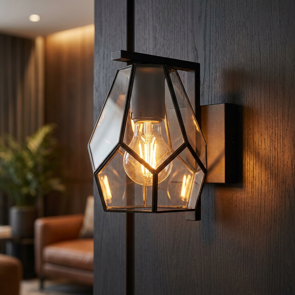 A black geometric wall light with a lit Edison bulb mounted on a dark wood panel in a living room.