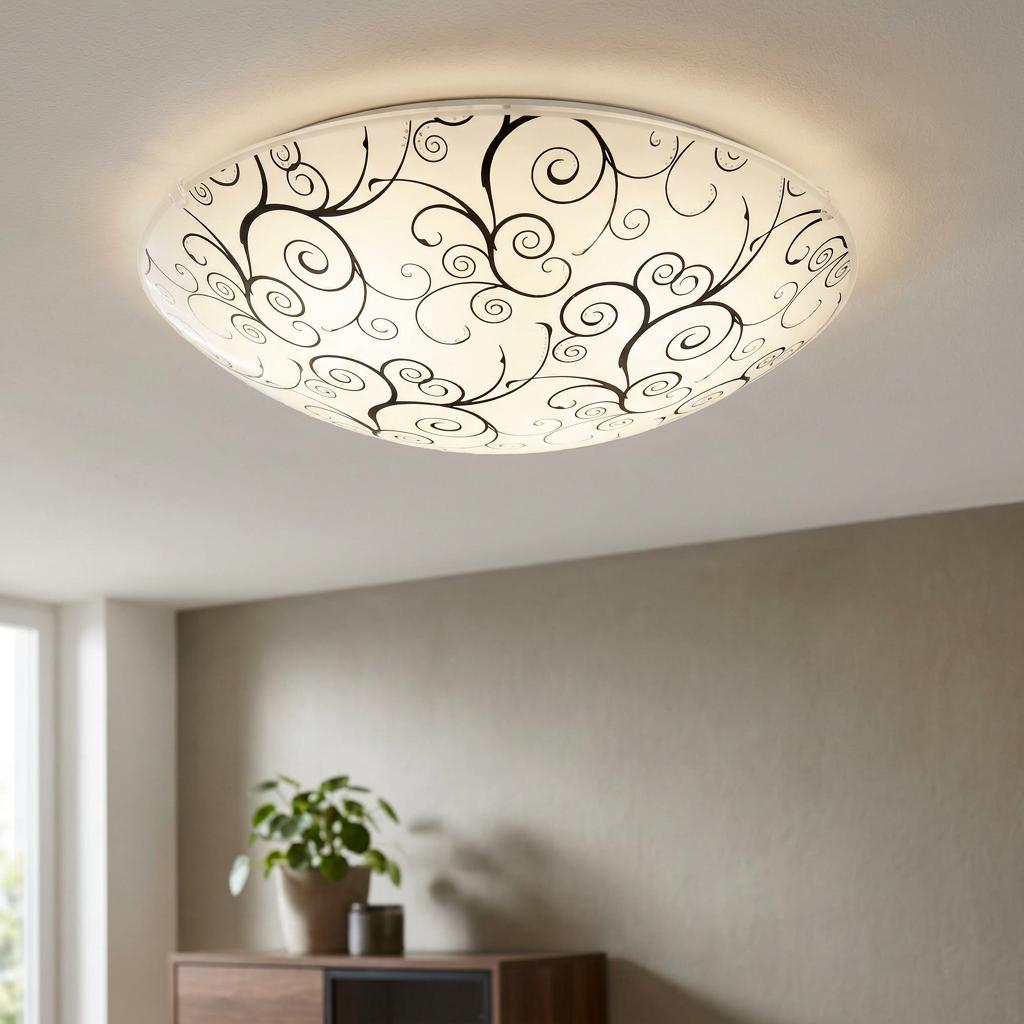 Round flush ceiling light with a white glass shade and black swirl patterns, illuminated in a modern room.