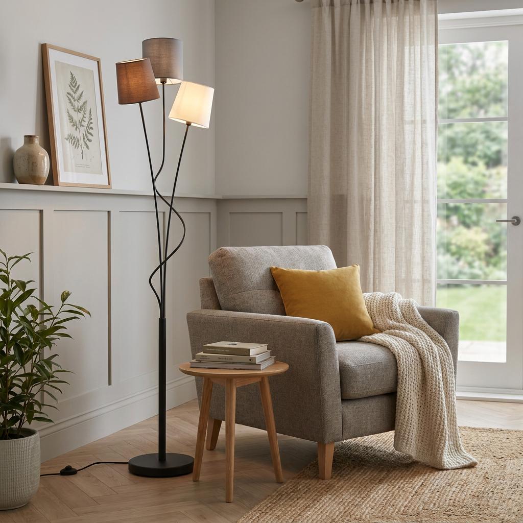 Eglo Maronda black 3-light floor lamp with fabric shades beside a grey armchair in a bright living room.