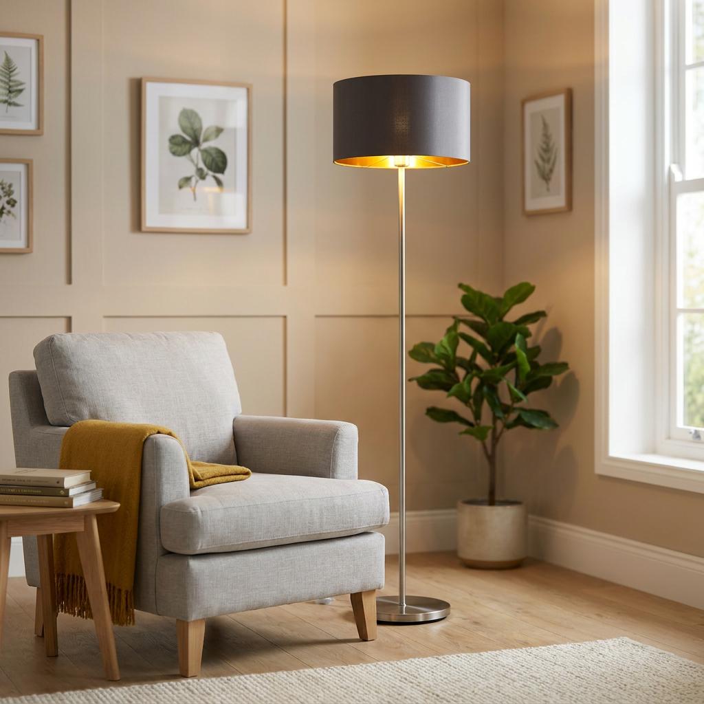 Eglo Maserlo floor lamp with a nickel stem and brown fabric shade with gold interior in a living room setting.