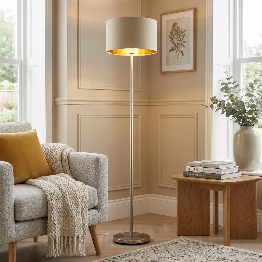 Eglo Maserlo nickel floor lamp with a taupe and gold shade in a neutral living room corner by an armchair.