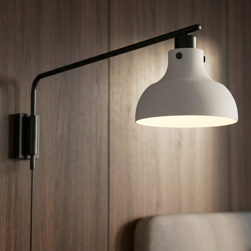 A pale grey dome wall light with a black swing arm mounted on a dark wood panel.
