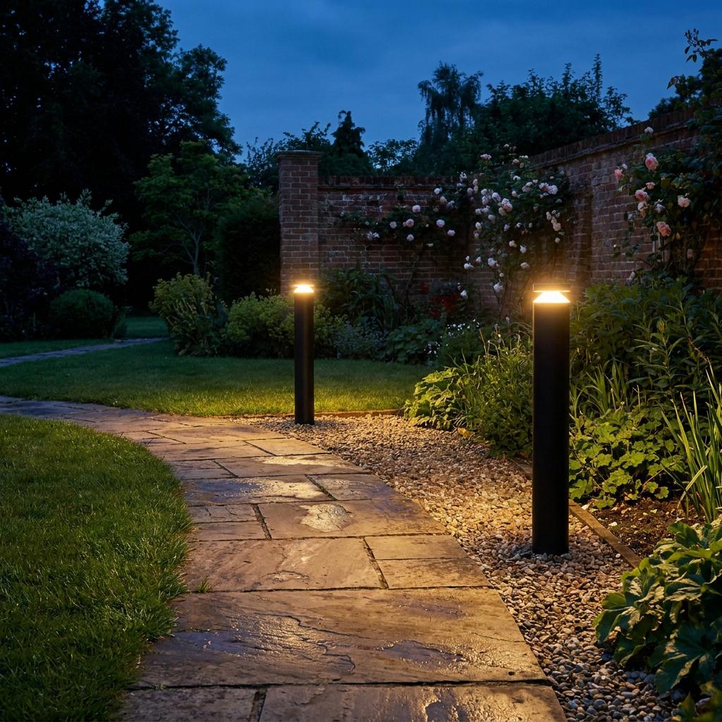 Two black Eglo Melzo outdoor bollard lights illuminating a stone garden path at dusk near a brick wall.