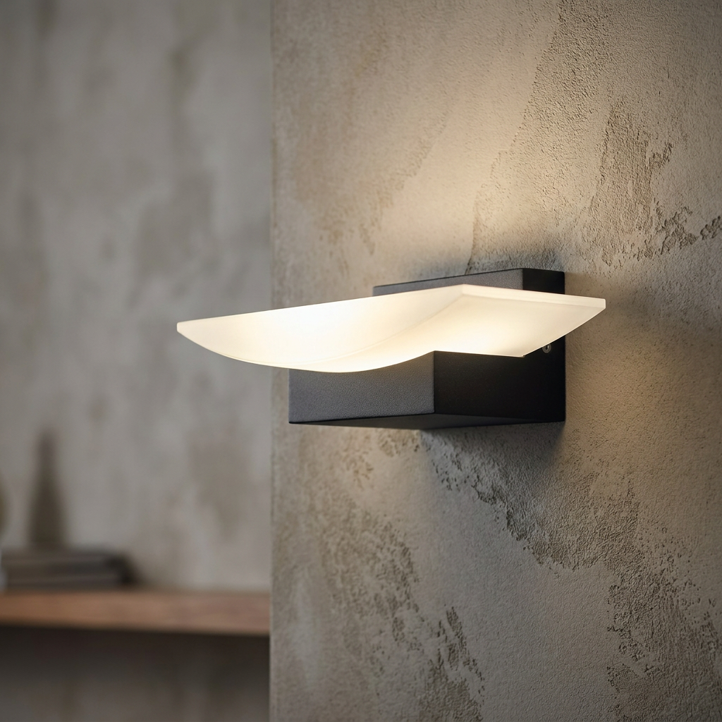Modern black LED wall light with a curved frosted diffuser glowing on a textured wall.