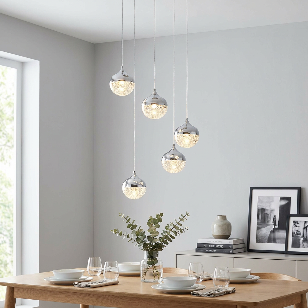 Five chrome and bubble glass pendant lights hanging over a modern dining table in a minimalist grey room.