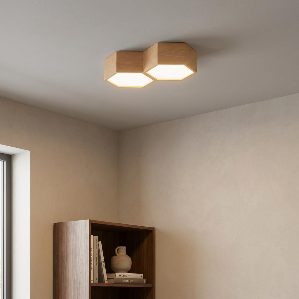 Two interconnected hexagonal wooden ceiling lights glowing in a modern room above a wooden bookshelf.