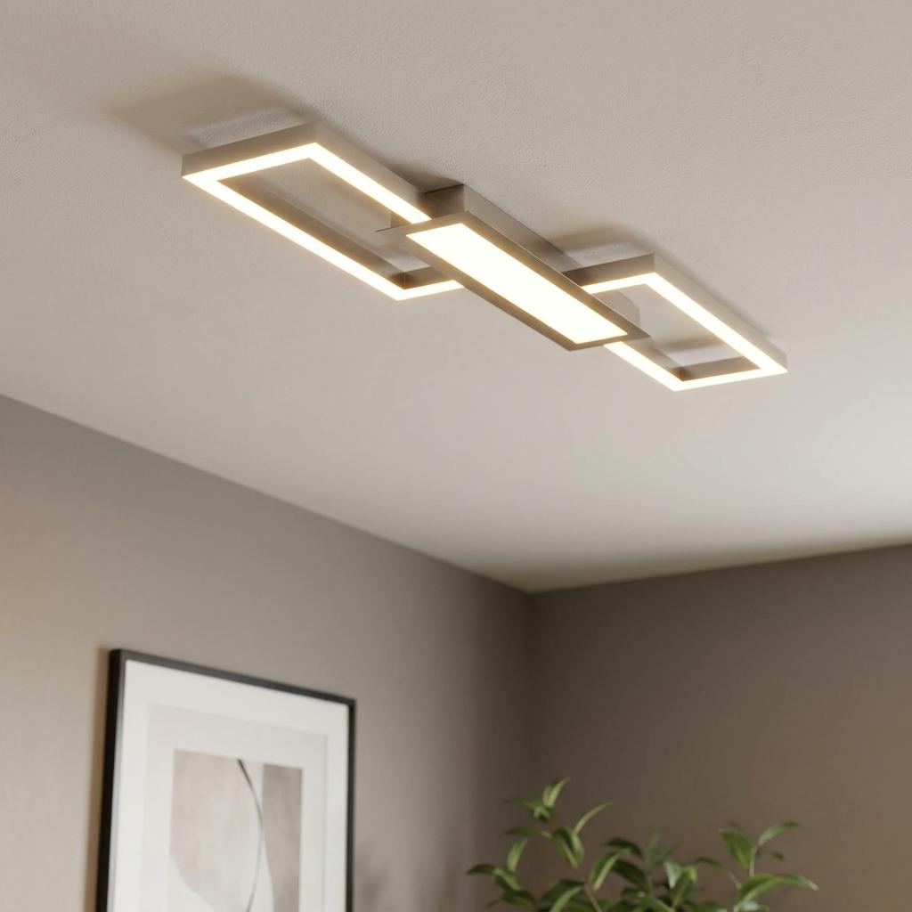 Brushed nickel LED flush mount ceiling light featuring three interlocking rectangular shapes on a white ceiling.