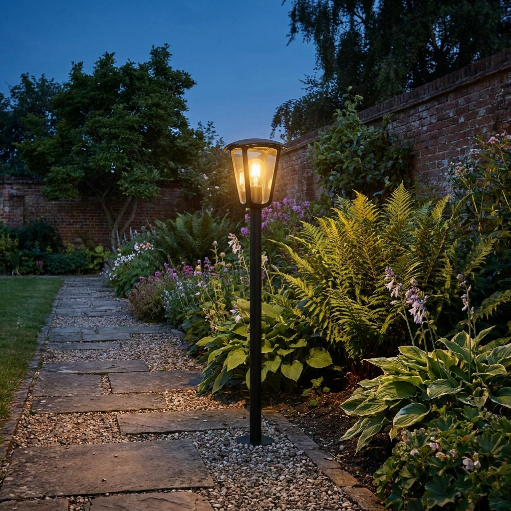 Illuminated black outdoor bollard light standing next to a gravel and stone garden path at twilight.
