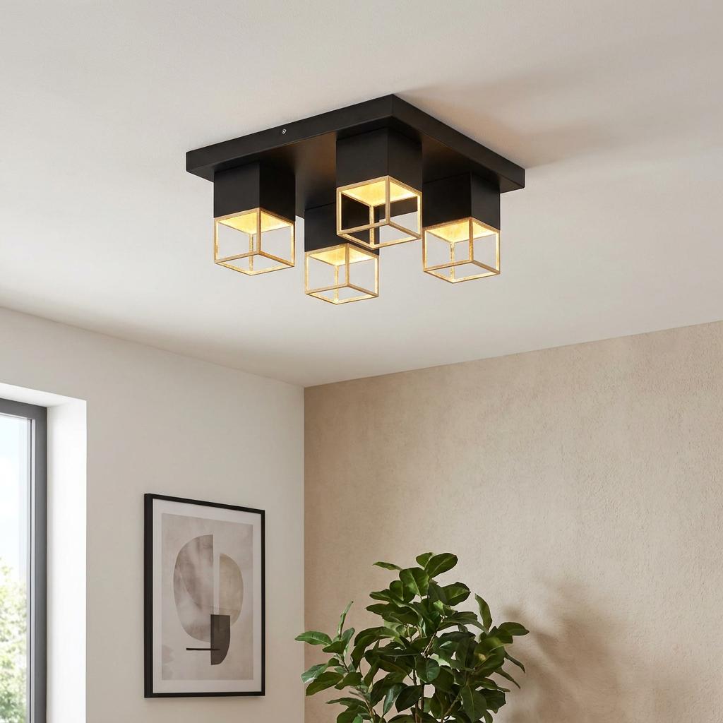 Eglo Montebaldo black and gold square four-light ceiling flush fixture in a modern room setting.