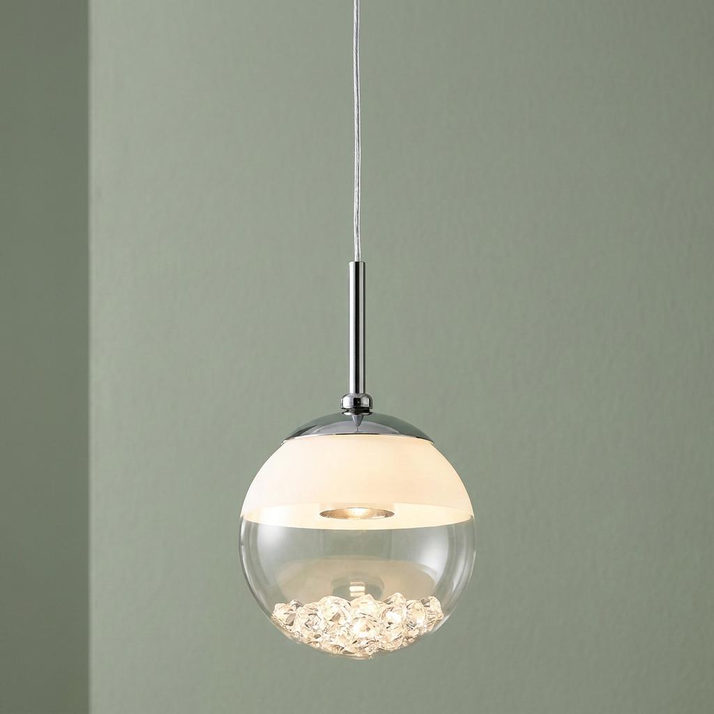 Chrome LED pendant light with a spherical glass shade, white top half, and crystals inside.