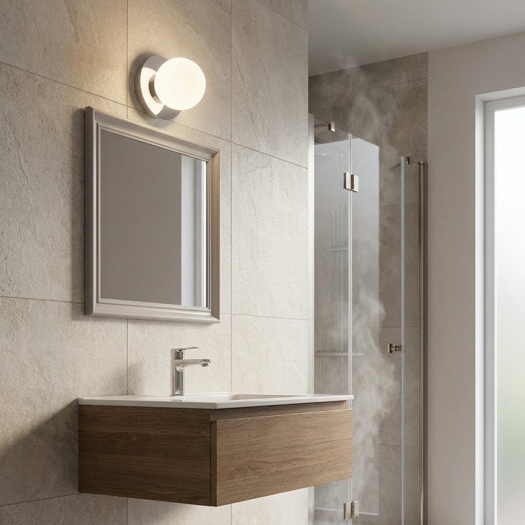 Modern chrome and opal glass globe wall light mounted above a bathroom mirror in a tiled room.