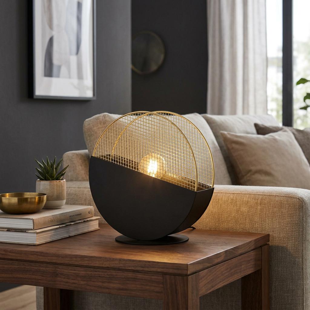 Modern circular table lamp with a black base and gold mesh top on a wooden side table in a living room.