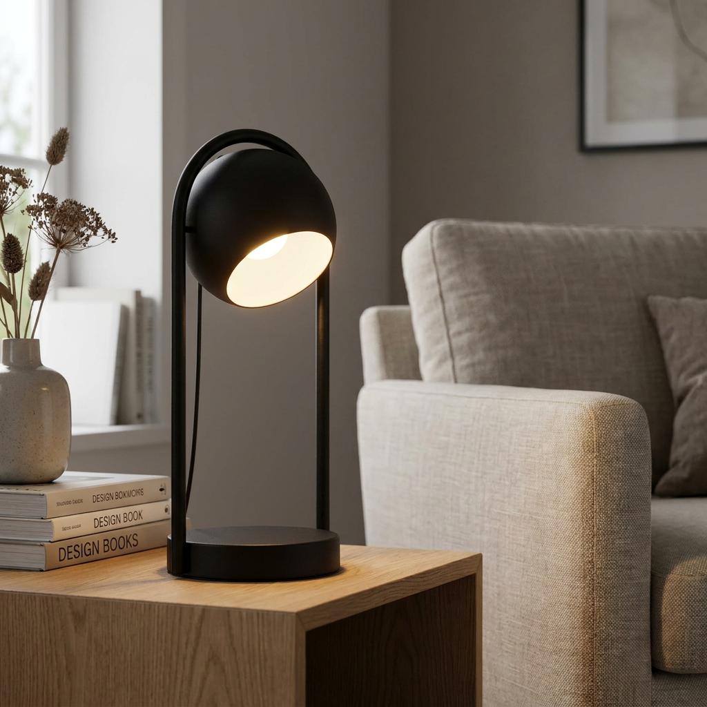 A black metal table lamp with a spherical shade lit on a wooden table beside a beige sofa.