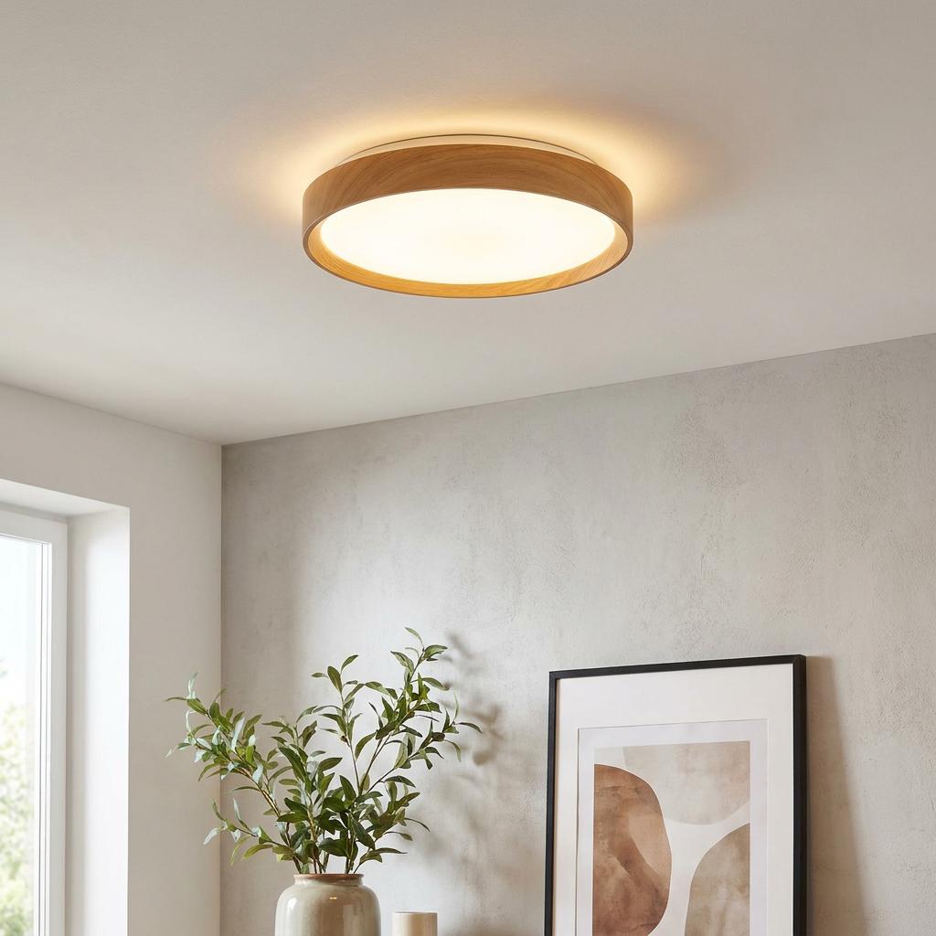 Eglo Musurita wood effect round LED flush ceiling light illuminating a modern room with neutral walls.