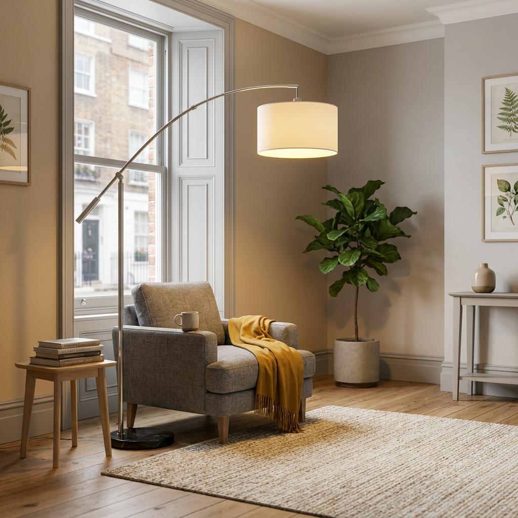 Eglo Nadina arched nickel floor lamp with a white fabric shade over a grey armchair in a cozy living room.
