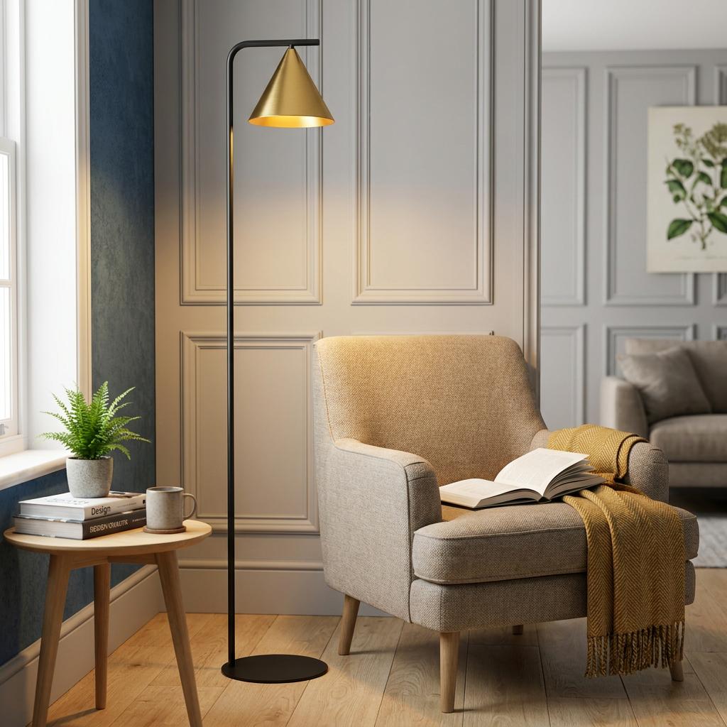Eglo Narices black floor lamp with a brass conical shade illuminating a beige armchair in a cozy living room nook.