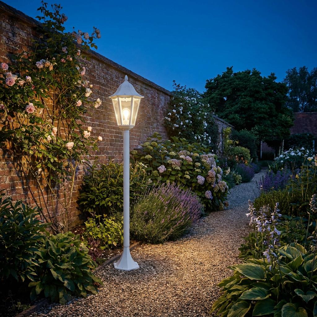 Traditional white Eglo Navedo lamp post illuminating a gravel garden path lined with flowers at night.