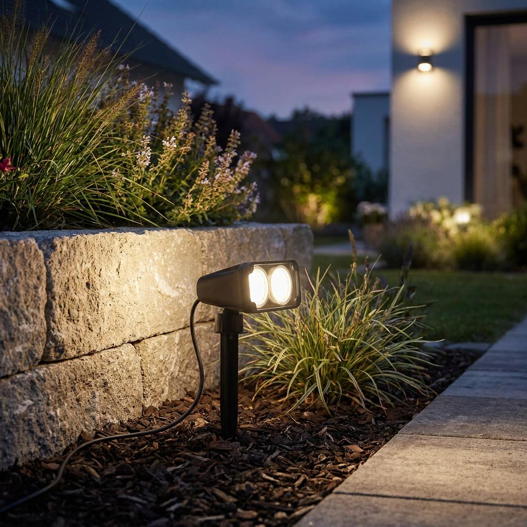 Twin black ground spike light illuminating a stone wall and garden plants at dusk.
