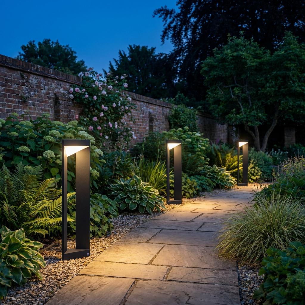 Black modern linear LED bollard lights illuminating a stone garden path alongside a brick wall at twilight.